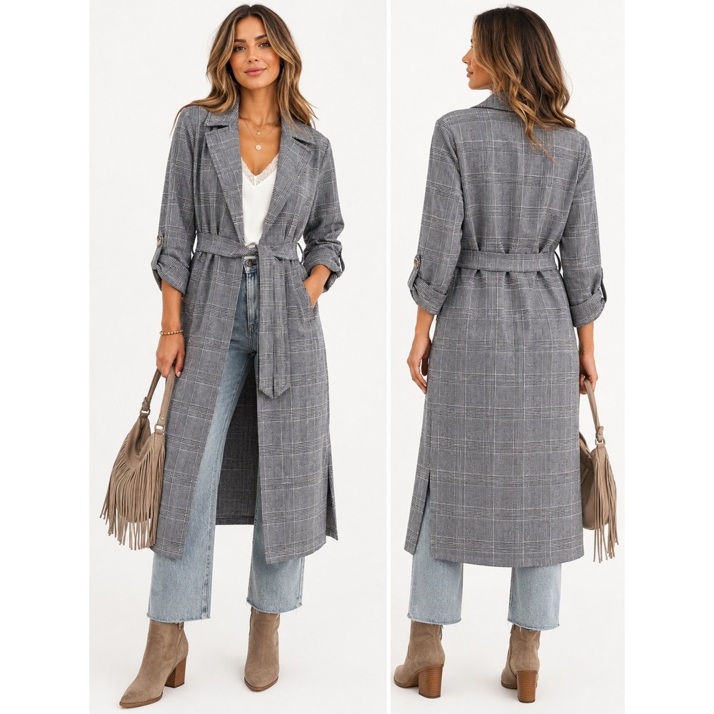 Forever 21 Casual Trench Coat  Medium Grey Plaid Duster Coat Belted Longline NWT